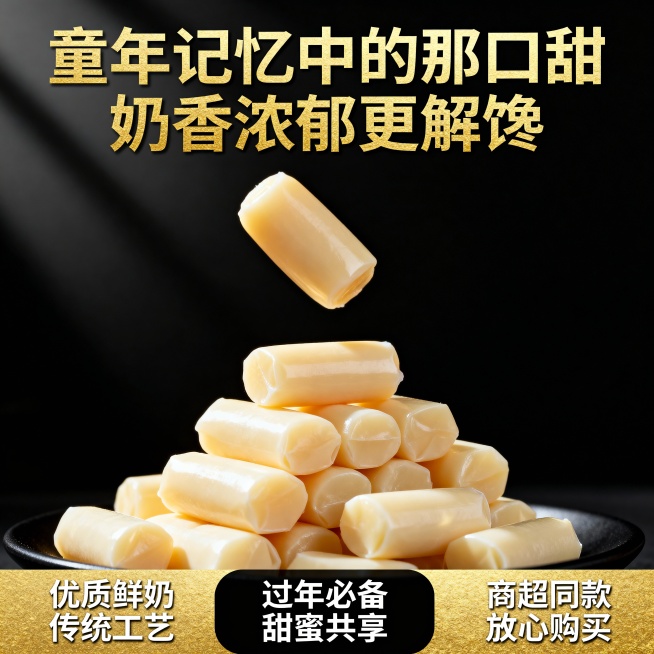 这张图片是产品主体这款产品是上海冠生园大白兔奶糖 我需要设计20张主图在拼多多上面售卖    主图场景布局可以用 等设计一个高级一些主图文案内容  甄选内蒙古黄金奶源带的优质鲜奶 奶香浓度比普通奶粉高预览效果