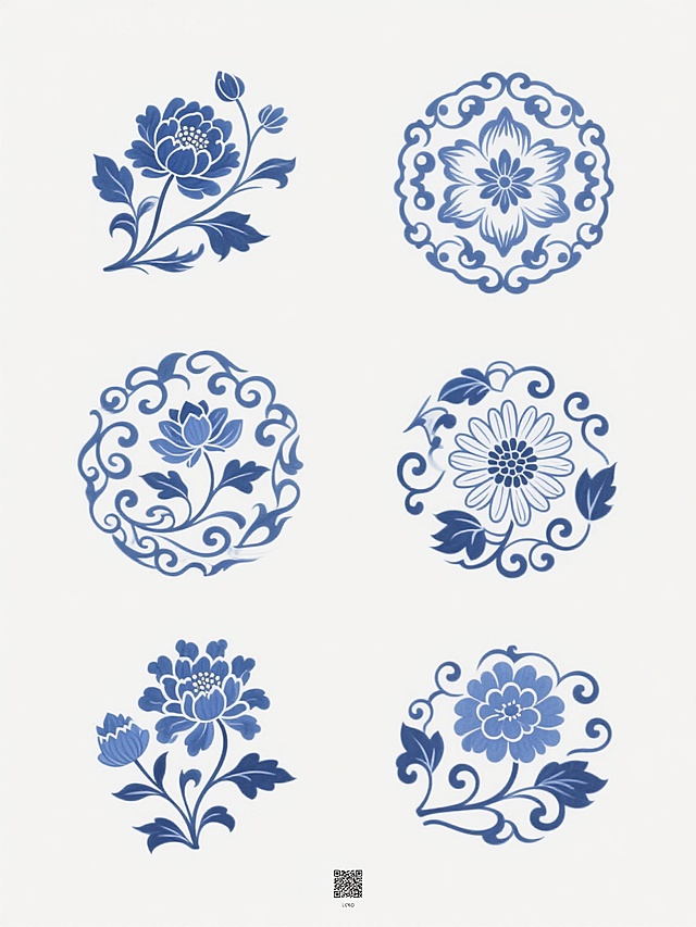 中国传统青花瓷风格花卉纹样系列集合，六个完全不同的青花花卉图案，每个图案均采用传统青花瓷的蓝白配色、流畅的曲线卷草纹、写实与装饰结合的花卉形态（如牡丹、莲花、菊花等不同花卉种类），线条细腻流畅，具有典型的中国传统吉祥纹样特征，每个纹样独立成图，均以纯色背景（可分别为纯白、米白、浅灰等中性纯色）呈现，整体保持青花瓷纹样的素雅、典雅风格，六个纹样规整排布成一行或两行，形成统一协调的系列素材集合，无任何文字、LOGO及二维码元素。