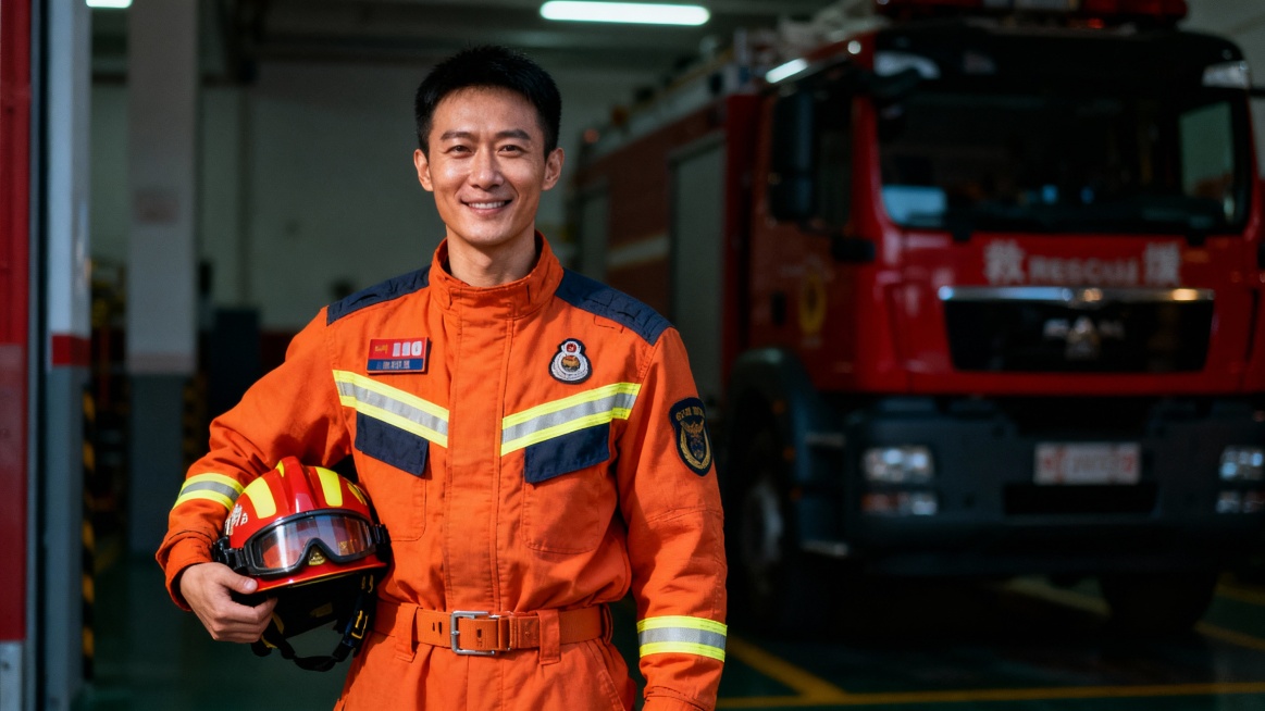 生成了一张30多岁中国男性消防员的正面肖像，他身穿带有反光条的崭新橙色全套消防防护服，左手腋下夹着头盔，表情坚定且面带微笑，面部和衣服干净，站在消防站车库内，身后隐约可见红色消防车，采用戏剧性灯光效果预览效果