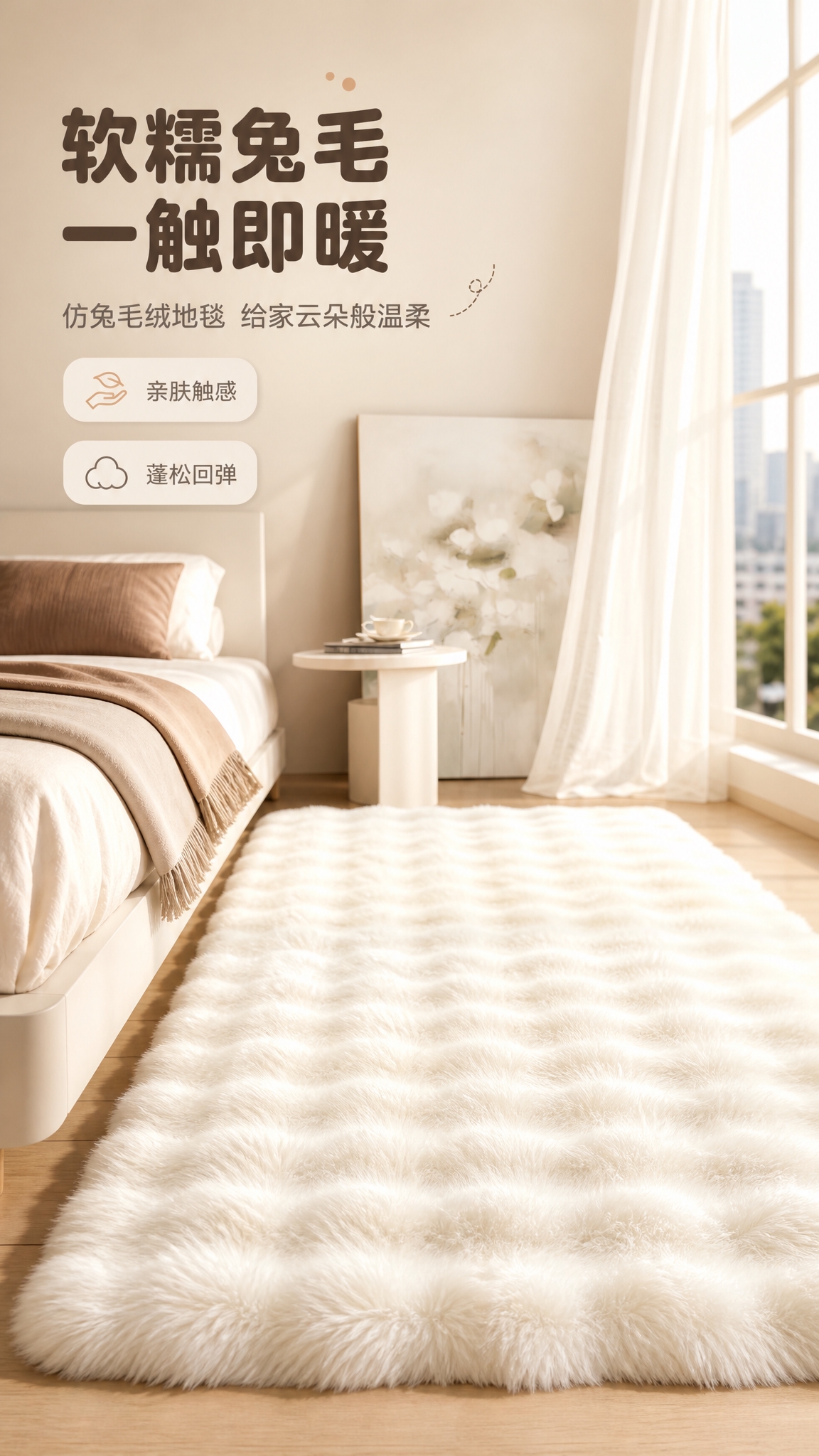 [商品] 使用【图8】卧室场景的白色兔毛绒地毯；保留地毯的波浪… - 图片创意预览