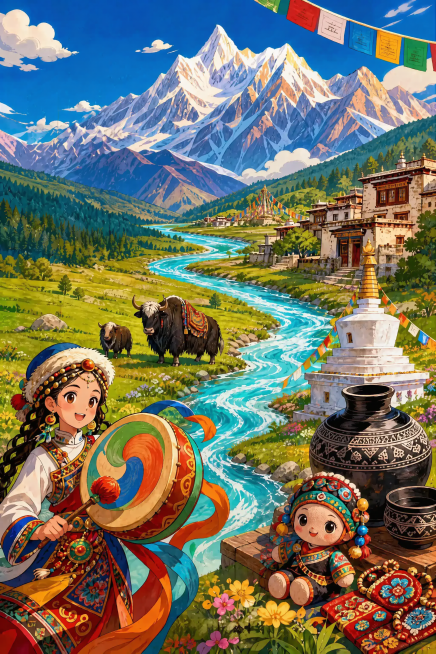 去掉所有文字，保留原始画面：香格里拉非遗主题海报，右上到左下一条贯穿画面的河流与草原，串联梅里雪山、黑陶、刺绣玩偶、藏房、牦牛、白塔、热巴鼓，卡通动漫插画风格，线条明快，活泼色彩，民族非遗氛围预览效果