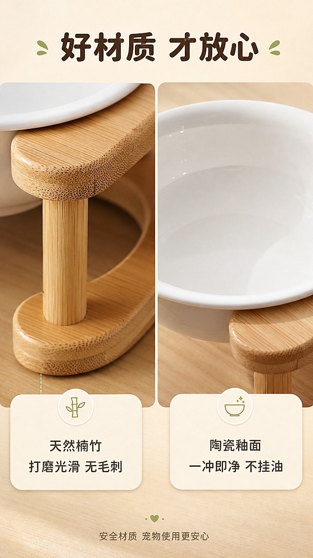 [商品] 使用【图1】竹木架陶瓷宠物碗；保留竹木纹理与陶瓷釉面的真实质感；局部放大展示材质细节，不改变材质颜色与纹理特征。
[画面] 目标：材质细节页，微距展示竹木与陶瓷的品质感。构图：左右分栏，左侧竹木材质微距，右侧陶瓷材质微距，上方通栏标题。主体位置：左侧为竹木支架纹理特写，可见清晰自然的竹纹与打磨光滑的边角；右侧为陶瓷碗内壁特写，可见洁白光滑的釉面与反光。景别：微距特写。阅读动线：从上至下，左右对比。前中后景：浅暖米色背景，材质特写为主体，底部有柔和投影。场景：材质微距展示场景，光线柔和，突出纹理与质感。
[视觉] 套系策略：风格=温馨治愈日系家居风商业摄影；标题字=圆润黑体粗体；正文字=简洁无衬线黑体；主色=暖木色（原木棕）；背景延展=基于暖木色做深浅层级、同色渐变与木纹/纸质细腻质感；强调色=奶白色+浅抹茶绿，仅用于小面积图标、引线、标签或局部光效；标题色=深棕木色；正文色=中暖灰；组件=圆角浅底信息卡、细线引线、圆形图标；光影=左前侧暖柔自然光，柔和阴影，突出材质反光与纹理。
[文字] 顶部主标题"好材质 才放心"；左侧下方文字"天然楠竹 打磨光滑 无毛刺"；右侧下方文字"陶瓷釉面 一冲即净 不挂油"；底部小字"安全材质 宠物使用更安心"；文字横向排版。
[规格] 图片比例9:16竖版，4K，避免变形、错字、文字过小、冷蓝/蓝灰背景、材质颜色改变、纹理失真、极限词。