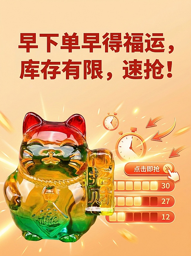 彩色招财猫逼单收尾图，背景为暖调浅橙色，营造活动紧迫感，彩色招财猫水晶摆件位于画面左侧，右侧搭配动态提醒元素。画面中部悬浮文字“早下单早得福运，库存有限，速抢！”，字体为无衬线粗体红色，醒目突出，文字悬浮于背景无底色。整体氛围热情有号召力。2k分辨率，750*1000比例