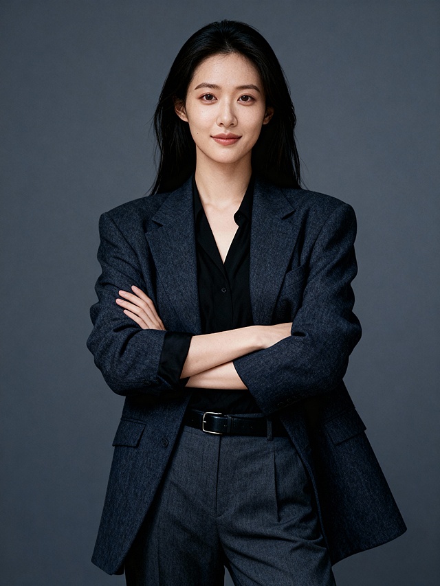 大气黑色西装V领双手抱胸女士形象照