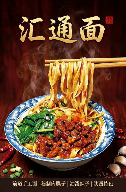 高清重绘这张陕西汇通面美食海报，提升画质和细节，保留原有文字和构图不变预览效果