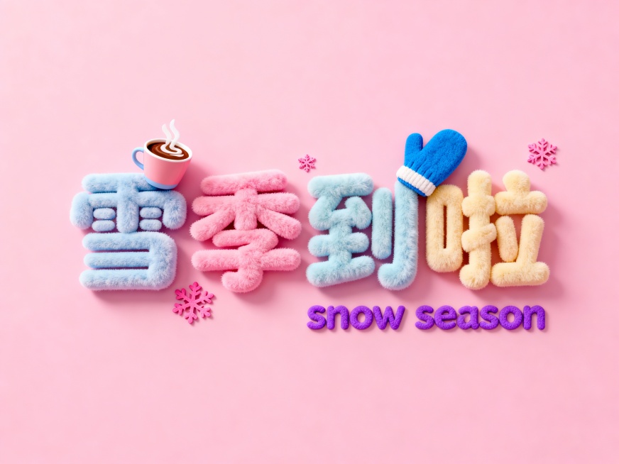 胖乎乎的毛绒质感的童趣立体字体设计 “雪季到啦”（每个字颜色不一样）。紫色英文 “snow season” 小字。字体上装饰热可可杯、蓝色手套、粉色雪花等小元素，背景粉色，马卡龙配色预览效果