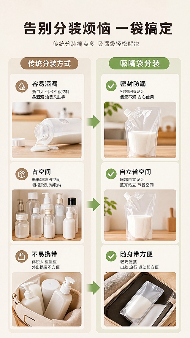[商品] 使用【图1】透明自立吸嘴袋；保留透明袋身、白色吸嘴盖、底部自立结构、袋内液体形态；清晰化密封边和材质质感。
[画面] 目标：痛点对比页，展示传统分装方式的痛点与吸嘴袋的解决效果。构图：左右分栏对比，左侧痛点区（传统杯子/瓶子倾倒洒漏、占空间），右侧解决区（吸嘴袋整齐站立、不洒漏）；中间用箭头分隔。主体占画面50%，厨房台面场景背景。
[视觉] 套系策略：风格=清新自然家居商业摄影；标题字=圆润黑体粗体；正文字=简洁无衬线黑体；主色=暖米白+草木绿；背景延展=基于暖米白做深浅层级、同色渐变和细腻木纹/哑光纸质感；强调色=浅棕褐色，仅用于小面积图标、引线和标签；标题色=深棕褐色；正文色=中暖灰；组件=圆角浅底信息卡、细线引线、绿色胶囊标签；光影=左前侧暖柔光，自然窗光感。
[文字] 顶部主标题"告别分装烦恼 一袋搞定"，左侧痛点区配3个痛点："容易洒漏""占空间""不易携带"，右侧解决区配对应3个解决点："密封防漏""自立省空间""随身带方便"；文字横向排版，左右分区清晰。
[规格] 图片比例9:16竖版，4K，避免变形、错字、文字过小、冷蓝/蓝灰背景、产品颜色改变、结构失真、绝对化用语。