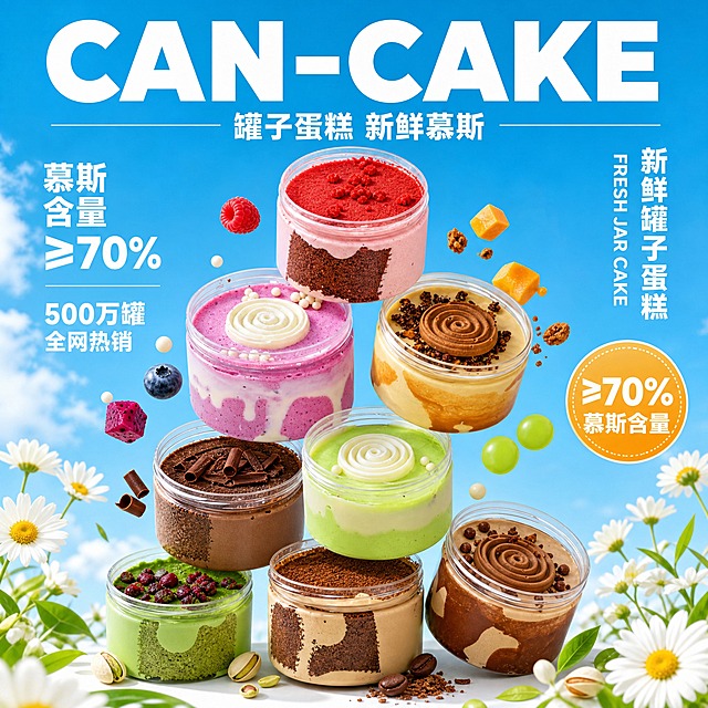 参考图1的清新活力风格与悬浮堆叠构图，重新生成画面内容。背景为明亮的浅蓝色天空，点缀少量白色云朵，底部有白色小雏菊和绿色叶片装饰，整体氛围清新明亮、充满活力。画面顶部是超大号粗体英文主标题"CAN-CAKE"，下方是中文副标题"罐子蛋糕 新鲜慕斯"。左侧竖排文字："慕斯含量≥70%"、"500万罐 全网热销"。右侧竖排文字："新鲜罐子蛋糕"、"FRESH JAR CAKE"。右侧有一个橙黄色圆形徽章，内有白色文字"≥70% 慕斯含量"。画面中央8款罐子蛋糕（图2至图9）以悬浮堆叠的方式错落排列，有的倾斜、有的平放、有的堆叠，形成动感的立体构图，周围飘散着对应口味的水果块或食材小元素作为点缀。8款罐子蛋糕100%还原上传商品图的外形、包装、颜色、材质与内部蛋糕层次，以上传图为唯一商品主体来源，完整保留原图中的透明塑料罐外形、螺旋奶油顶装饰、各款蛋糕的颜色与层次结构、顶部配料细节，产品结构与材质质感均与上传图保持一致。商品主体占画面约55%-65%，文字不遮挡主体。画面中所有信息区域必须填充完整合理的内容，不得出现空白框或占位区域。画面中所有数字必须精确渲染，不得错位、遗漏或编造。整体为写实商业摄影风格，甜品食欲感强，清新明亮，年轻活力。版式精美，四周留足安全边距。