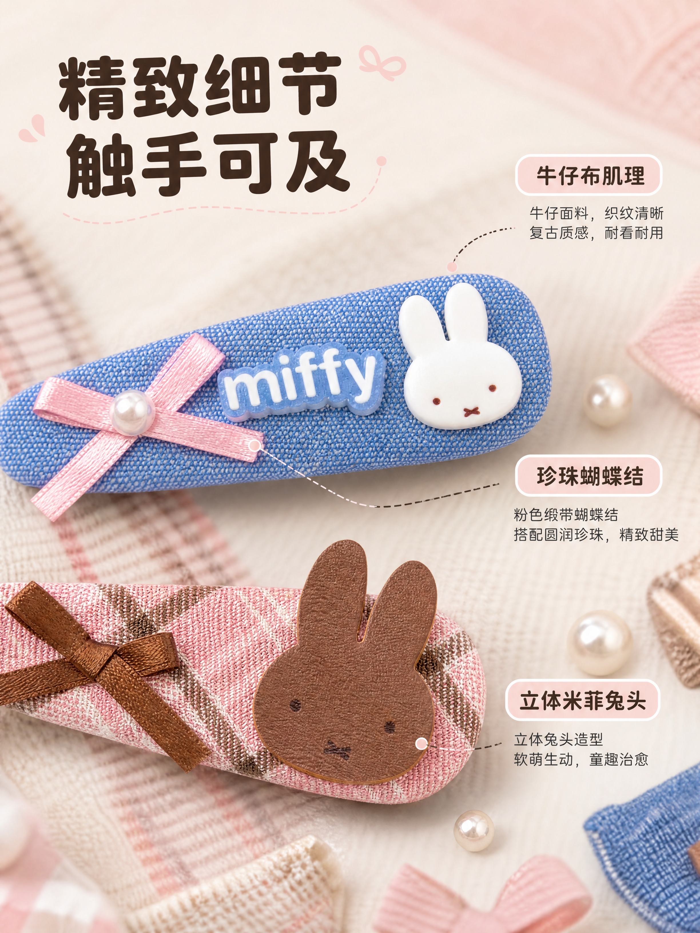 [商品] 使用【图2】粉格纹棕兔+牛仔蓝米菲发夹两件套；保留两… - 图片创意预览