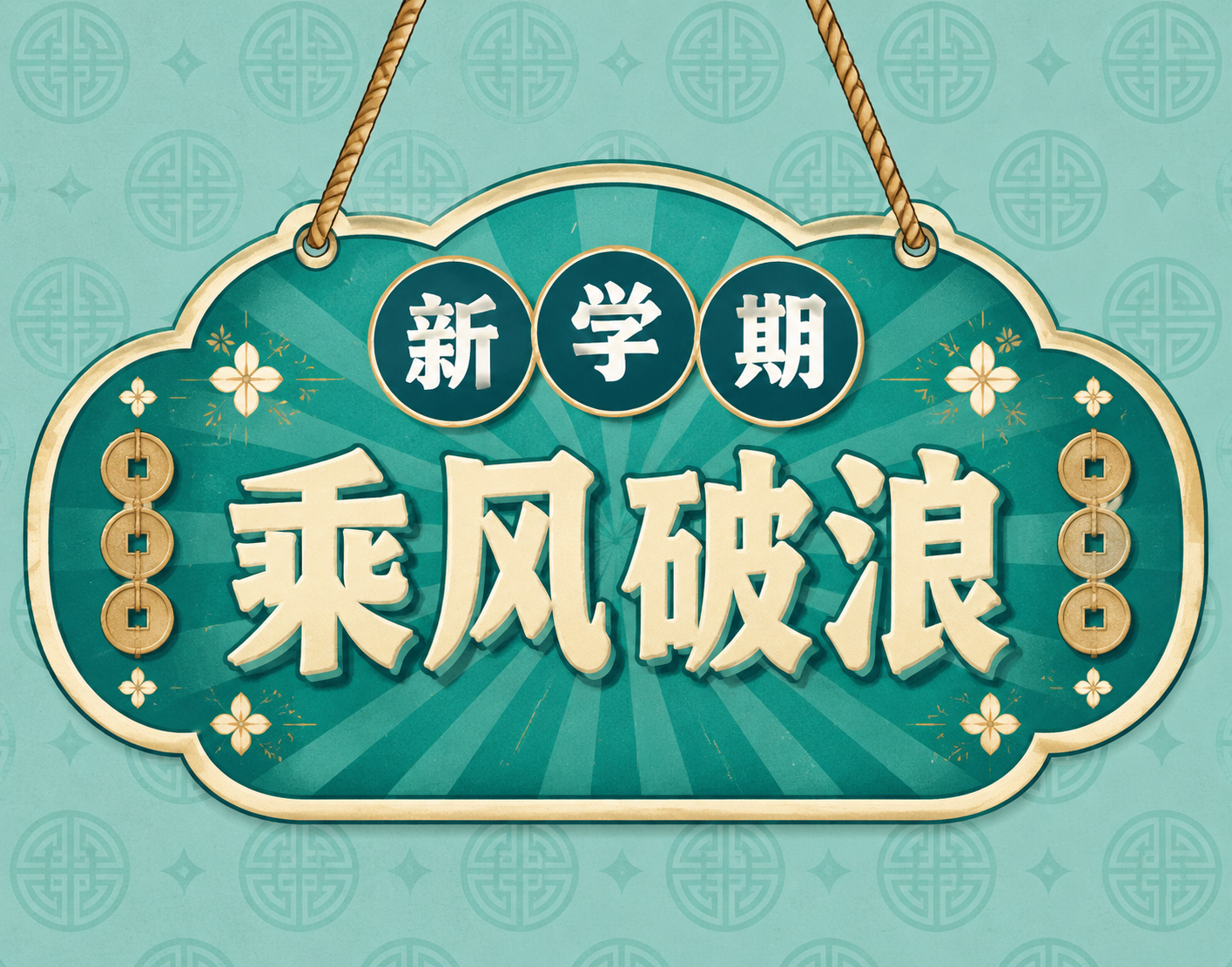 新学期主题复古挂牌风格小图，青色系配色。画面中心是一个青绿色复… - 图片创意预览