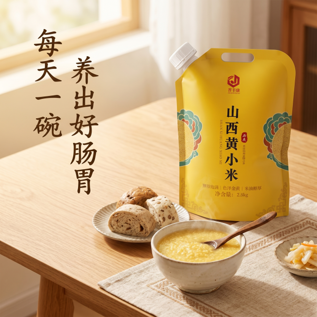[主图 4] 黄小米食用场景展示
[氛围风格] 温馨居家饮食场景，生活代入感
[画质] 商业摄影质感、光线柔和通透、产品清晰真实、画面干净高级
[元素] 第一人称视角俯视拍摄木质餐桌，摆放着一碗小米粥预览效果