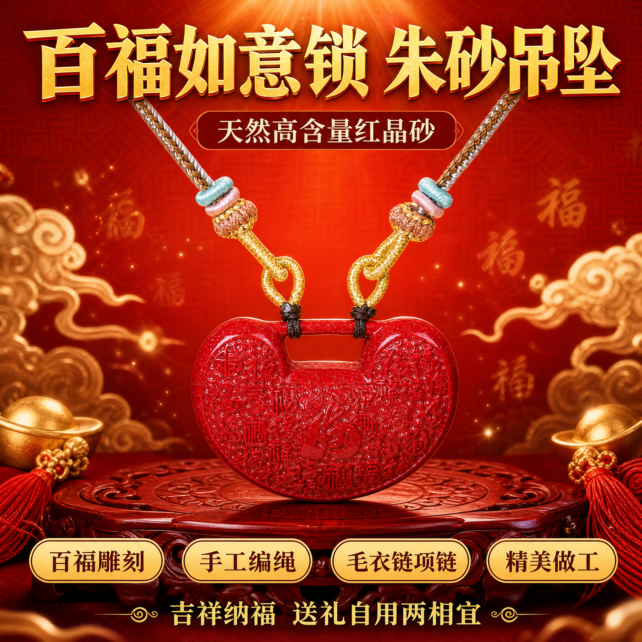 [主图-1] 福字如意锁朱砂吊坠，网络爆款国潮喜庆风格，淘宝1… - 图片创意预览