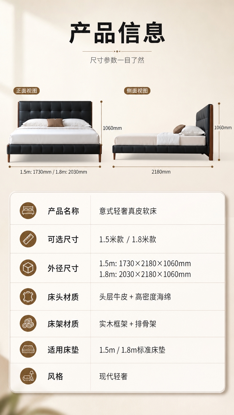 [商品] 使用【图1】黑色真皮软包床；保留床头软包、黑色皮质、… - 图片创意预览