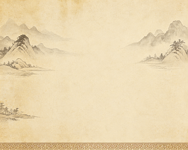 去除图片中所有的文字内容，保留原有的米色做旧纸张背景、水墨山水画和底部回纹边框，所有内容和风格保持不变，只去除文字