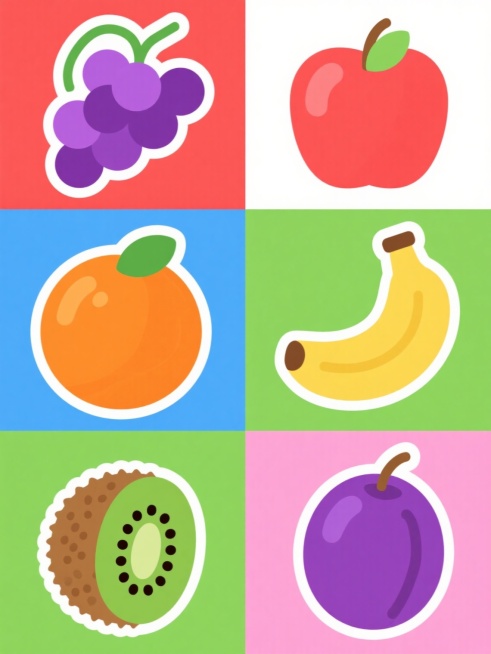 一组6个完全不同水果的卡通风格插画，保持统一的扁平化设计风格，每个水果都有简洁的轮廓线条、明亮饱满的纯色填充和细微的渐变过渡，水果形态卡通化，边缘圆润，高光区域呈椭圆形且位置统一，阴影为同色系深色小圆点。画面整体色彩变换为6种不同的明快纯色背景（如红色、蓝色、绿色、橙色、紫色、粉色），每个水果对应一种背景色。水果元素包括一串葡萄（紫色果实配绿色藤蔓）、一个完整的苹果（红色带绿色叶子）、一根黄色……预览效果