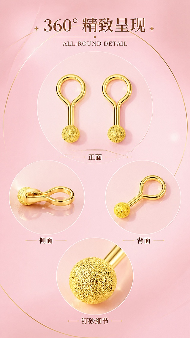 [第7屏] 多角度展示页-耳钉正面/侧面/细节全方位呈现。本屏使用【图7】作为商品主体。
[氛围/风格] 精致产品展示风，浅粉干净背景，360°产品解析，专业珠宝摄影。
[元素布局] 画面中央上方为耳钉正面全貌，一对耳钉并排摆放，占比约35%；左下为侧面角度特写，展示弯钩结构与金珠厚度；右下为背面角度，展示耳钉弯钩闭合形态；底部中央为金珠钉砂纹理超近特写；背景为浅粉色渐变，搭配金色细线与几何圆形装饰；所有角度耳钉造型、颜色、纹理与输入产品图一致。
[光影质感] 均匀柔光棚拍效果，每个角度都有清晰高光与柔和阴影，金属质感强烈。
[配色色系] 全局底色 #F8BBD0 渐变至 #FCE4EC；主色黄金色；辅助色柔粉、白色。
[视角构图] 多角度组合构图，主图居中，细节图环绕分布。
[文字版式] 顶部主标题「360° 精致呈现」，英文「ALL-ROUND DETAIL」；每个角度旁配小字标签「正面」「侧面」「背面」「钉砂细节」；金色细线引出标注；文字简洁优雅，不遮挡产品。
[比例分辨率] 9:16竖版比例，4K分辨率，文字清晰可辨，高清画质。
[负向提示词] 耳钉变形，结构错误，颜色偏差，水印，文字错乱，背景杂乱。