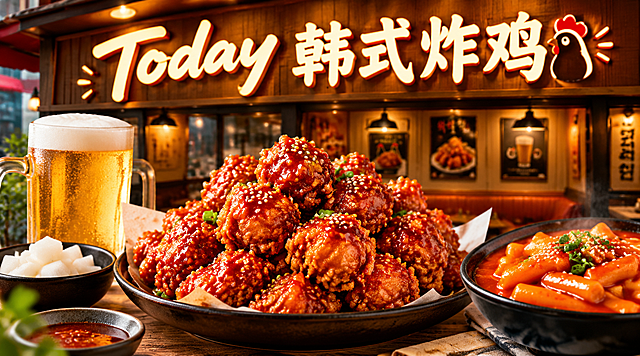 韩式炸鸡店店招设计，店名"Today韩式炸鸡"，写真风格，画面展示金黄酥脆的韩式炸鸡，裹着红亮的甜辣酱，旁边有啤酒和年糕搭配，美食摄影质感，背景是温暖的韩式餐厅氛围，文字"Today韩式炸鸡"醒目清晰，整体色调温暖诱人，无优惠字眼和地址电话，横版构图，高清细腻