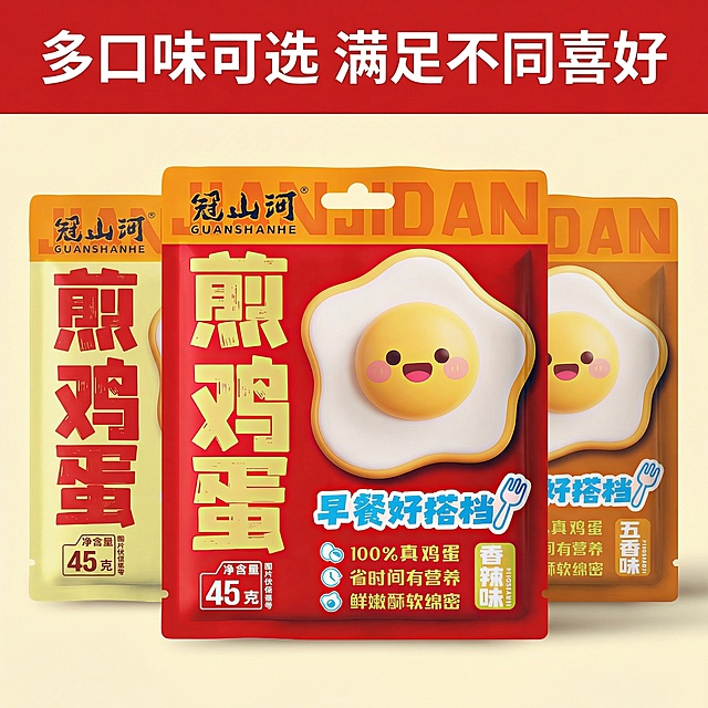 即食煎鸡蛋多口味拼多多主图，产品保持原图包装外观，展示原味、香辣味等多口味包装整齐排列，顶部标题"多口味可选 满足不同喜好"，整体干净整齐，背景浅红黄色调，风格直白清晰，突出商品多样性