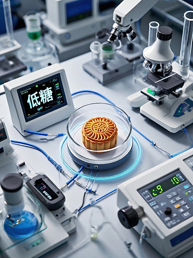 科技感十足的3D风实验室，虚拟现实技术展示低糖月饼的创新研发。
