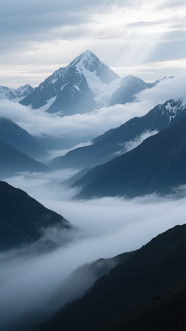 高山远景，云雾缭绕，主峰巍峨耸立，群峰连绵起伏，山体呈现深蓝灰色调，山顶覆盖着皑皑白雪，云雾在山间流动，呈现出轻盈缥缈的质感，画面整体呈现出宁静、神秘而壮丽的氛围，光线从云层上方洒落，照亮部分山体，形成明暗对比，营造出层次感和空间感