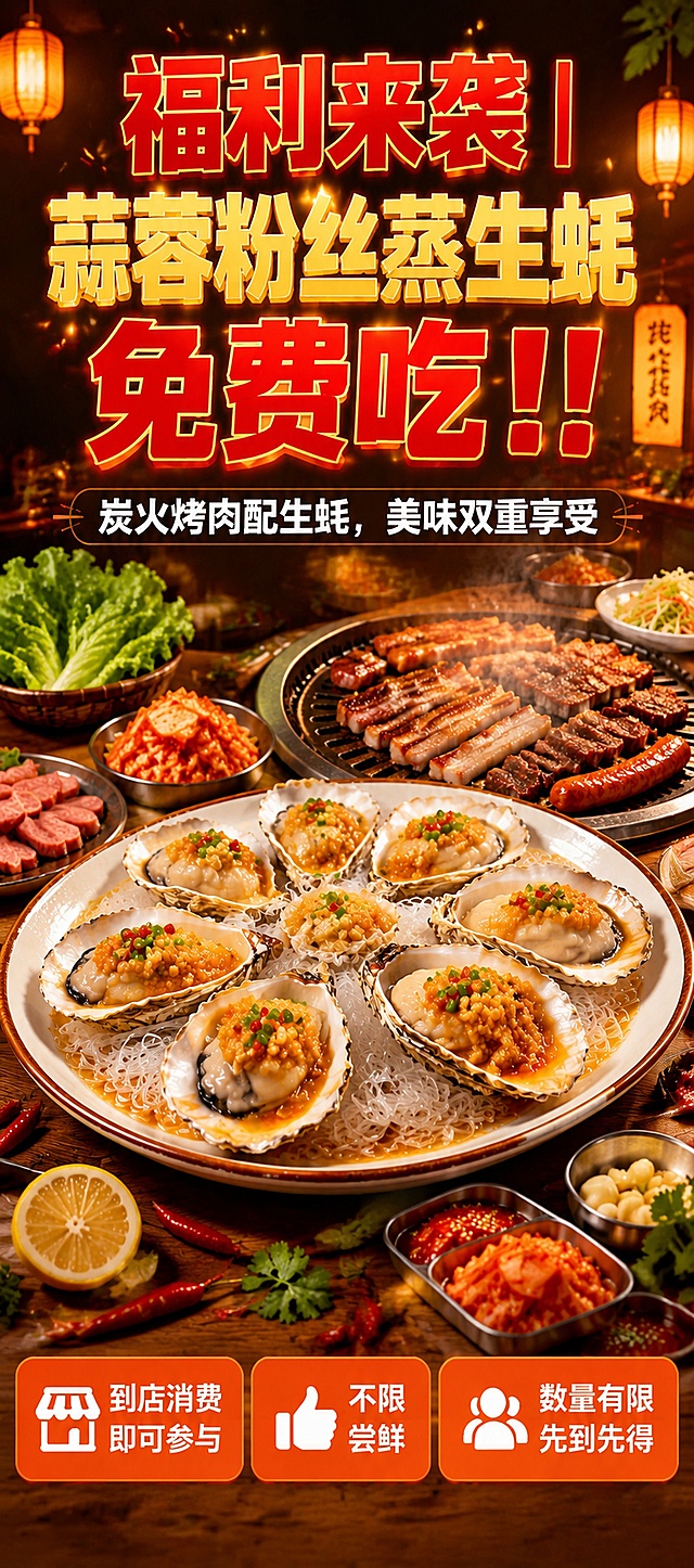 将这张餐饮促销海报改编为竖版展架画面（宽80cm 高180cm，竖长比例），内容不变，保留原图所有元素和文案信息，重新排版适配竖版展架构图。画面顶部为大标题区，中部为美食主体（蒜蓉粉丝蒸生蚝 + 炭火烤肉），底部为三个卖点按钮。整体风格保持原图的暖色调、烟火气、食欲感，写实商业摄影风格。文字清晰可读，四周留安全边距。画面中必须完整呈现以下文字信息：主标题"福利来袭 | 蒜蓉粉丝蒸生蚝 免费吃!!"，副标题"炭火烤肉配生蚝，美味双重享受"，卖点1"到店消费 即可参与"，卖点2"不限 尝鲜"，卖点3"数量有限 先到先得"。画面中所有数字必须精确渲染，不得错位、遗漏或编造。画面中所有信息区域必须填充完整合理的内容，不得出现空白框、空白占位。版式精美，层级分明。
