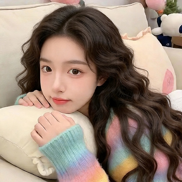 参考提供图片的甜美温柔风格，居家暖调场景，生成一张全新不同长发美女的正方形头像，高清晰，精致五官，自然妆容，深棕卷发，人物和参考图中的人完全不同