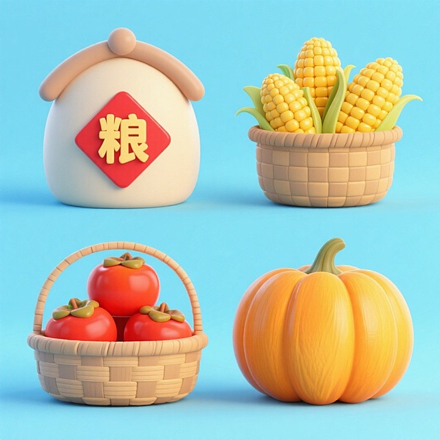 4个中秋素材组合，可爱电商促销感。素材包括：第一个粮仓（贴着带有 “粮” 字的红色菱形福字）；第二个一筐玉米；第三个一筐柿子；第四个南瓜。画面整体呈现鲜艳效果，淡蓝色背景。上下两行，排列整齐