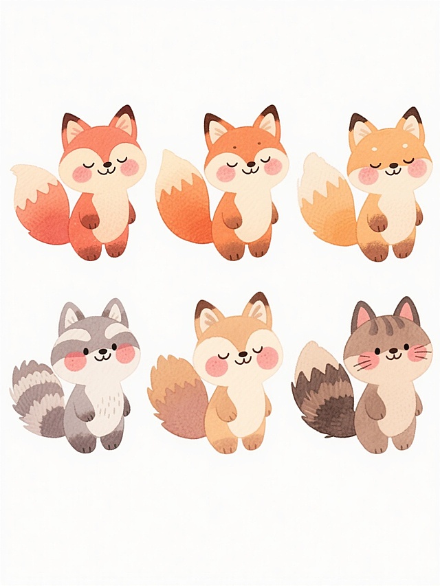 白色背景上，六个不同样式、不同种类、不同外观的卡通狐狸排列整齐，均采用圆润可爱的Q版造型，带有柔和的水彩质感和渐变色彩，毛茸茸的蓬松尾巴，闭合的微笑眼睛，脸颊有红晕，整体风格统一为温馨治愈的儿童插画风格。