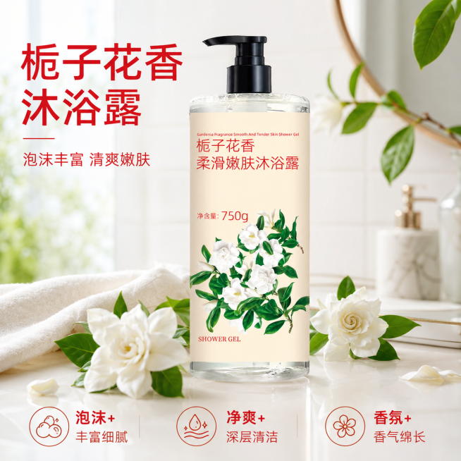 [主图-1] 栀子花香沐浴露首图，真实浴室场景。
[氛围风格] 清新自然干净的家居氛围，突出洁净香气感
[画质] 商业摄影质感、光线柔和通透、产品清晰真实、画面干净高级
[元素] 栀子花香柔滑嫩肤沐浴预览效果