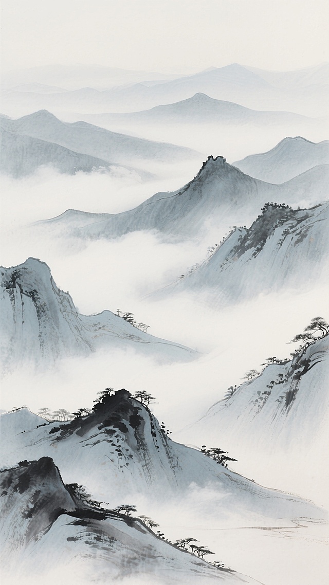 中国传统水墨风格山水画卷，以淡墨渲染群山轮廓，浓淡不一的笔触勾勒出层叠起伏的远山，云雾以留白与淡墨晕染相结合的方式萦绕山间，形成虚实相生的意境，整体色调以青白灰为主，营造出宁静悠远、空灵缥缈的氛围，线条简约而富有韵味，展现出传统水墨画“墨分五色”的层次感和写意山水的独特韵味，画面构图采用深远法，群山由近及远逐渐淡化，天地交融于朦胧之中。