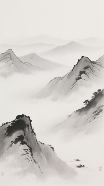中国水墨画风格的背景，以大量留白和淡墨色为主，描绘层叠起伏的远山，山峰轮廓用简约流畅的线条勾勒，山间弥漫着朦胧的云雾，呈现出空灵、悠远、宁静的意境，笔触柔和，墨色从浅灰到深灰自然过渡，营造出淡雅清幽的东方禅意氛围。预览效果