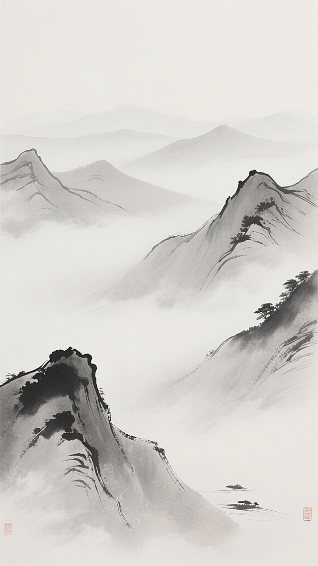 中国水墨画风格的背景，以大量留白和淡墨色为主，描绘层叠起伏的远山，山峰轮廓用简约流畅的线条勾勒，山间弥漫着朦胧的云雾，呈现出空灵、悠远、宁静的意境，笔触柔和，墨色从浅灰到深灰自然过渡，营造出淡雅清幽的东方禅意氛围。