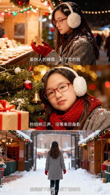三宫格艺术感写真图，横向三宫格。画面中人物神情忧郁，身着灰色毛呢外套、搭配红色针织围巾与手套、佩戴白色毛绒耳罩。第一张近景：人物站圣诞市集摊位前托姜饼人，侧脸，头发落雪，背景圣诞灯串，红绿彩色光斑，字预览效果