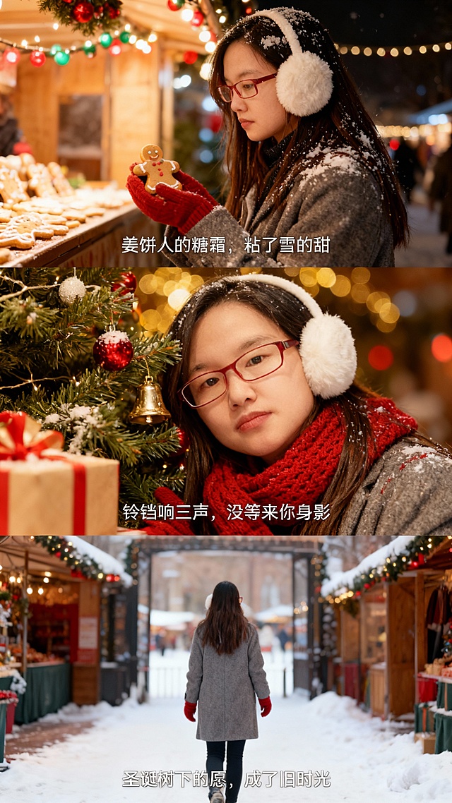 三宫格艺术感写真图，横向三宫格。画面中人物神情忧郁，身着灰色毛呢外套、搭配红色针织围巾与手套、佩戴白色毛绒耳罩。第一张近景：人物站圣诞市集摊位前托姜饼人，侧脸，头发落雪，背景圣诞灯串，红绿彩色光斑，字幕 “姜饼人的糖霜，粘了雪的甜 The frosting of the gingerbread man sticks the sweetness of snow”；第二张特写：人物脸靠装饰圣诞树，旁侧