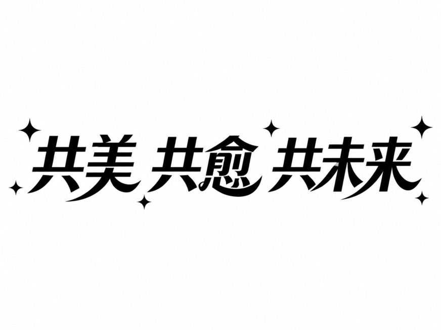 参考参考图的字体风格，生成包含文字“共美 共愈 共未来”的字体图片，保留加粗黑色字体、弧形笔画装饰和四角星星点缀的设计风格，白色背景预览效果