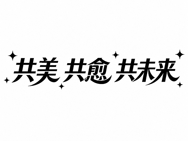 参考参考图的字体风格，生成包含文字“共美 共愈 共未来”的字体图片，保留加粗黑色字体、弧形笔画装饰和四角星星点缀的设计风格，白色背景