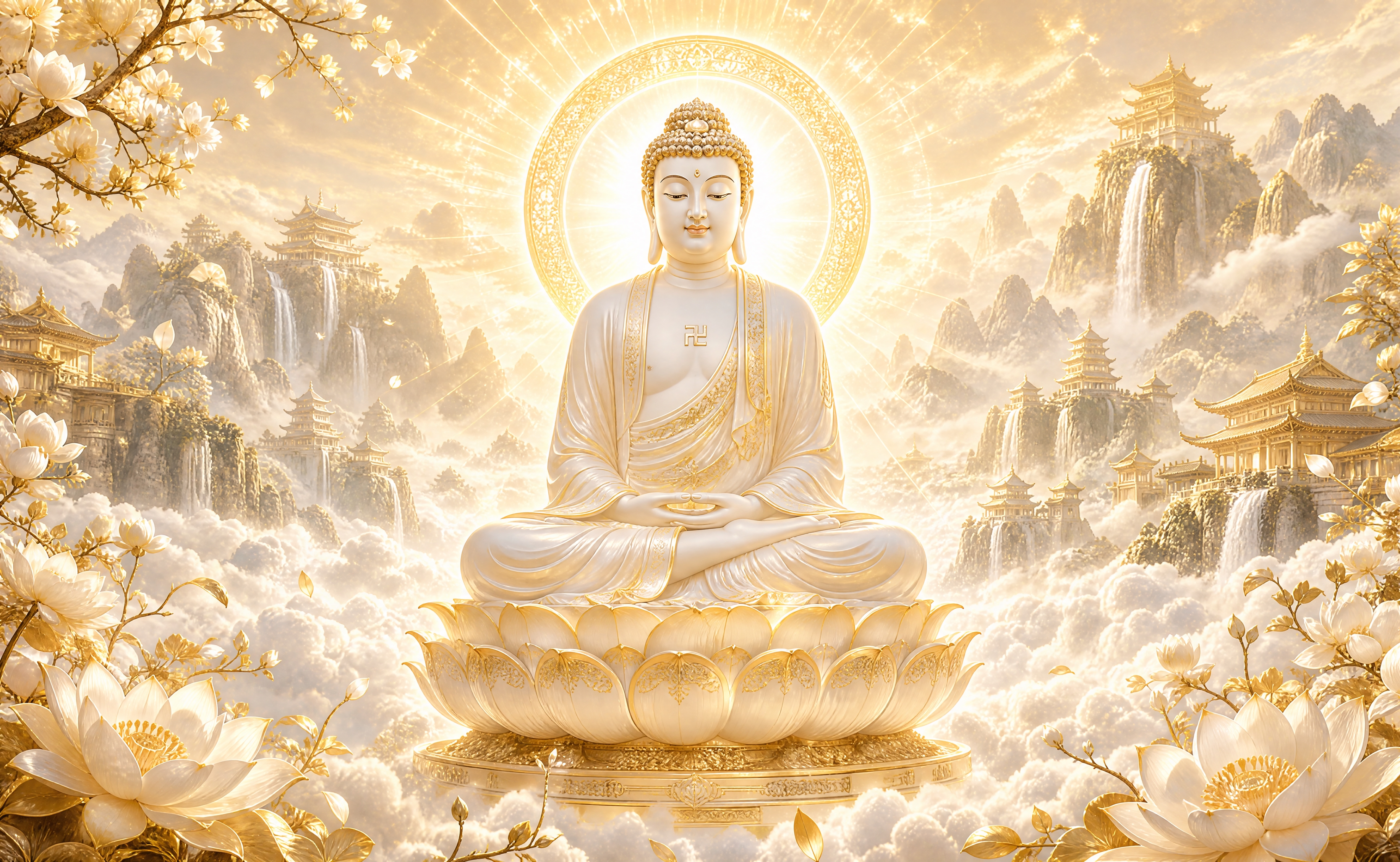 将图中的坐佛按图二的金色华丽东方三圣风格重绘：整体改为暖金色调… - 图片创意预览