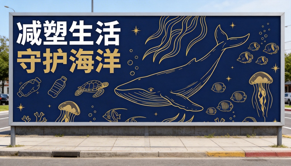 将这幅“减塑生活 守护海洋”广告牌放置在路边场景中，正视视角，广告牌在画面中占比不少于三分之二，保持蓝金配色和海洋插画风格预览效果