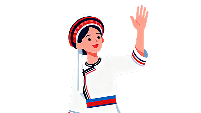 扁平化风格，穿着白族服饰的女人在招手，背景纯黑