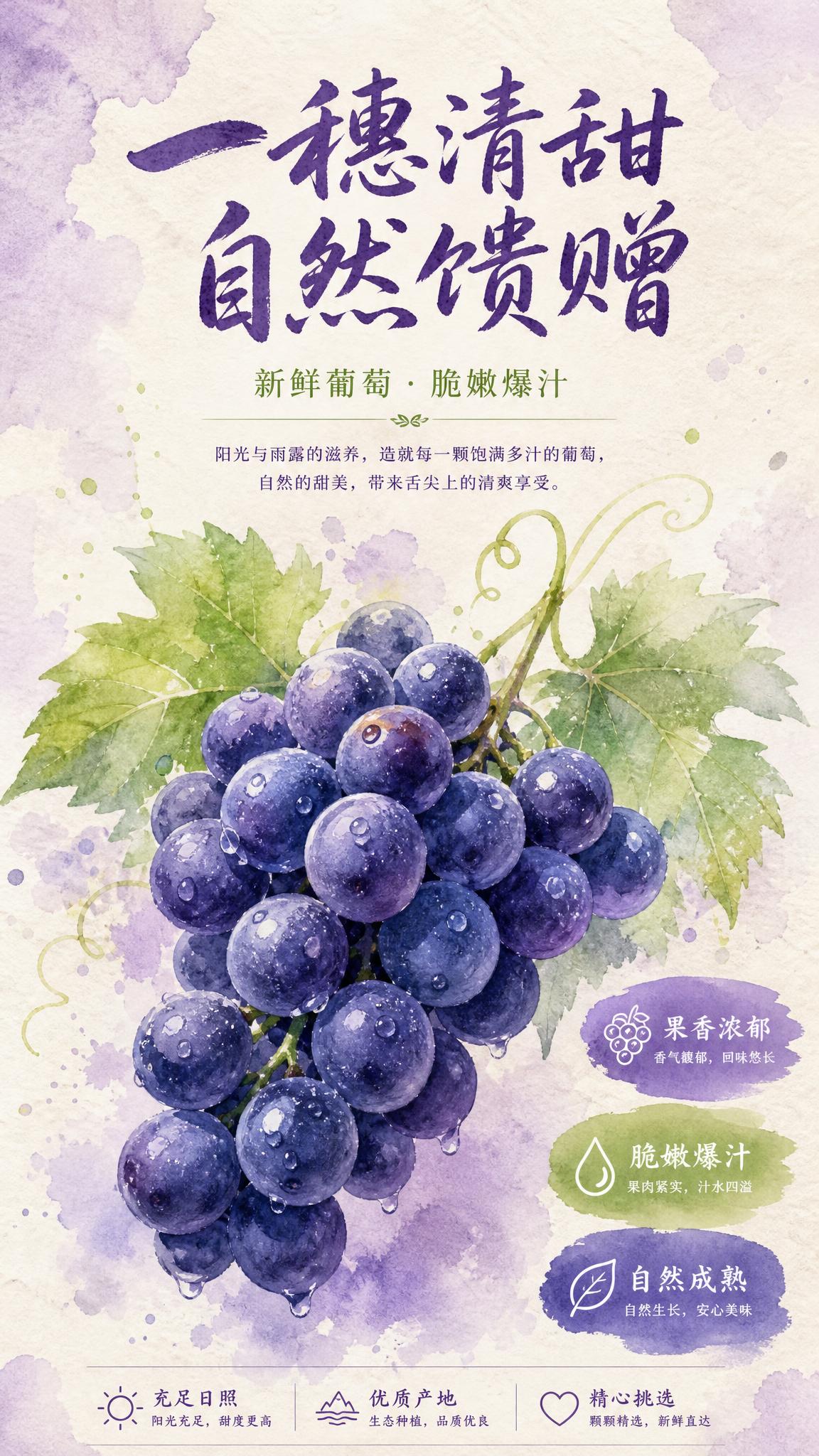 电商竖版海报，水彩手绘风格。画面主体是一串深紫色葡萄的水彩插画… - 图片创意预览