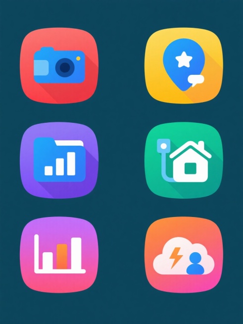 6个不同造型的系列素材集合，保持简约扁平风格，纯色背景，每个素材为蓝色系图标，包含清单、摄像机、柱状图、对话气泡、定位标记、带星文件夹、闪电设备、房屋、云朵人物等元素，规整排布，无LOGO、电话地址及二维码，画面整体色彩变换为红、黄、绿、紫、橙、粉六种不同色调，图标采用几何形状构成，边缘圆润，色彩过渡平滑，具有清晰的轮廓和简洁的设计感，信息传达效率高，符合现代UI设计审美。预览效果