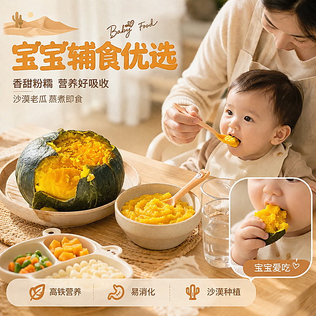 [主图-4] 宁夏沙漠老贝贝南瓜食用场景图 宝宝辅食与家庭餐桌（画中画拼图）。
[氛围风格] 温馨家庭风，治愈系，真实生活感，温暖有爱的食用场景。
[画质] 商业摄影质感、光线柔和通透、产品清晰真实、画面干净高级、超高清细节。
[元素] 画面为拼图/画中画结构。主画面是温馨的家庭餐桌场景：浅木色餐桌上摆放一个蒸熟切开的贝贝南瓜放在陶瓷碗中，旁边有宝宝辅食碗盛着南瓜泥，配硅胶小勺子，还有一杯温水和儿童餐盘。一只妈妈的手（亚洲女性，肤色自然）正用勺子舀南瓜泥。画中画小图在右下角，展示宝宝小手抓着南瓜块吃的可爱特写，画中画框下方标注「宝宝爱吃」。背景是虚化的厨房暖光环境。画面左上角有沙漠小图标暗示产地。**保持贝贝南瓜外观（即物理结构、外皮深绿色、内部金黄粉糯质感、颜色）与输入产品图绝对一致，杜绝任何变形和色差，精细化处理**。主商品占比约60%，画中画比例协调，光影统一。
[光影] 暖黄室内自然光从窗户侧方照入，整体温馨柔和，南瓜金黄果肉通透有光泽，桌面有柔和暖光反射，阴影自然不生硬，营造家的温暖感。
[配色] 主色南瓜金黄、暖木棕；辅色奶粉色、米白、暖黄。
[视角构图] 45度俯视视角，主画面餐桌全景，右下角画中画小图特写，构图层次丰富，视线从主南瓜流向辅食场景。
[文字版式] 左上负空间左对齐留安全边距，三行主辅文案。大字主文案「宝宝辅食优选」，暖橙色最大号粗体圆体字；辅助短句「香甜粉糯 营养好吸收」，约半高、深棕色细黑体；再下方更小字号「沙漠老瓜 蒸煮即食」。主标题旁叠加英文装饰词「Baby Food」手写体。画中画框内底部有白色小字标注「宝宝爱吃」。底部极轻微半透明暖底条横向排列三个卖点图标+文字：「高铁营养」「易消化」「沙漠种植」，图标简约，文字小号清晰。
[输出要求] 1:1比例，文字清晰锐利，画面超高清商业摄影质感，2K分辨率。
[负向提示词] 变形，文字错乱，产品图模糊，背景杂乱，水印，电商平台Logo，成人正脸，冷色调。