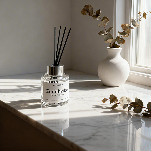 将这款Zenithvibe香薰放在极简北欧风格的家居环境中，白色大理石台面，旁边有白色陶瓷花瓶和干枯的尤加利叶装饰，柔和的自然光线从窗边照射进来，营造出宁静舒适的居家氛围，产品保持原样