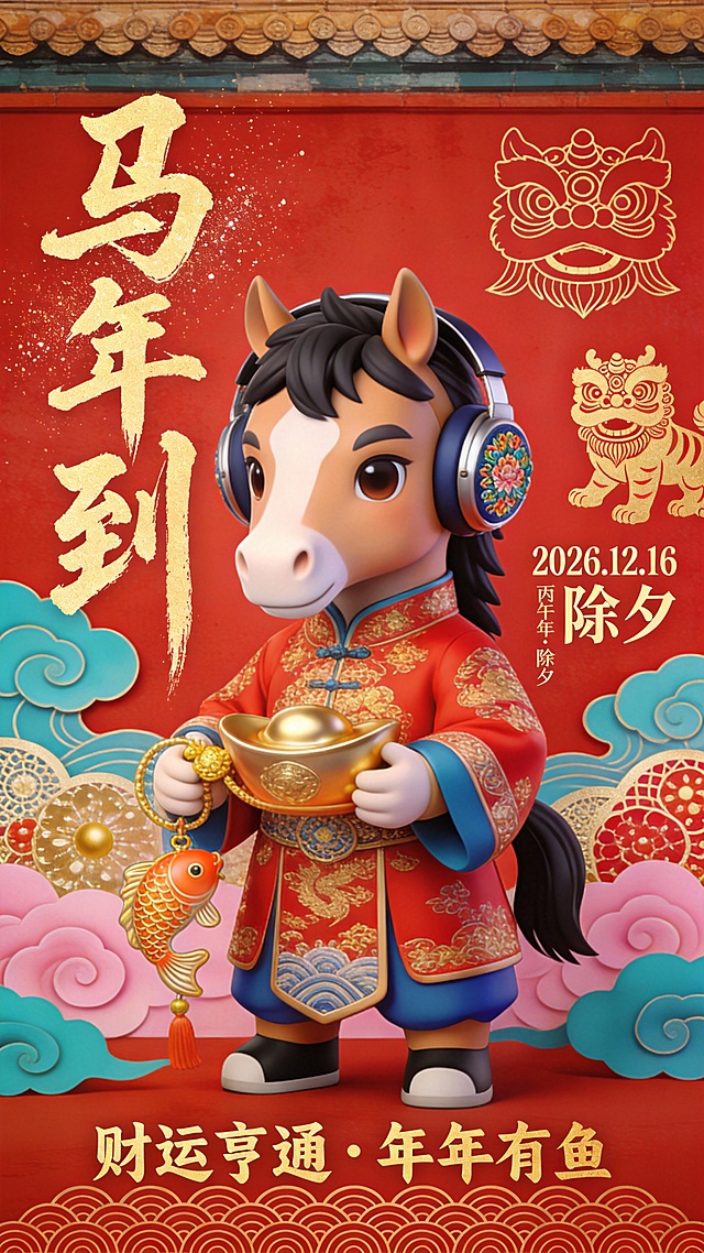 3D拟人马仔身着国潮唐装，手持金元宝与锦鲤，融合剪纸云纹与鎏金元素，喜庆卡通风迎丙午除夕，寓意财运亨通、年年有鱼。
