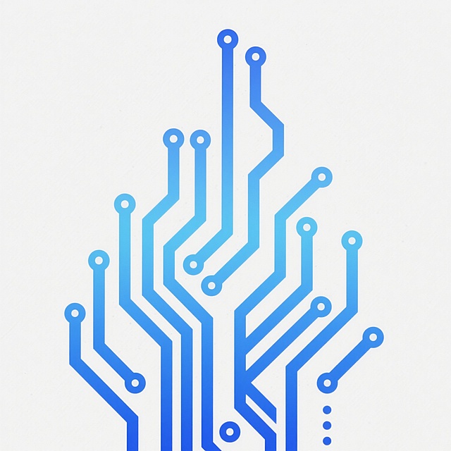 白色背景上，由蓝色渐变线条构成的抽象科技感电路板图案，线条呈现出不规则的几何分支结构，部分线条末端有小圆点装饰，整体呈现出向上延伸的视觉趋势，线条粗细均匀，边缘平滑，具有现代简约的设计风格，营造出冷静、理性的科技氛围。