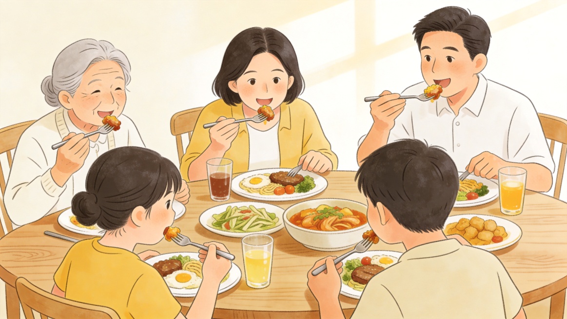 细嚼慢咽健康进食主题手绘插画，展示人们从容享受餐食的餐桌场景，传递八分饱、餐时20-30分钟的健康进食习惯，手绘插画风格，温馨舒适，画面无任何文字预览效果