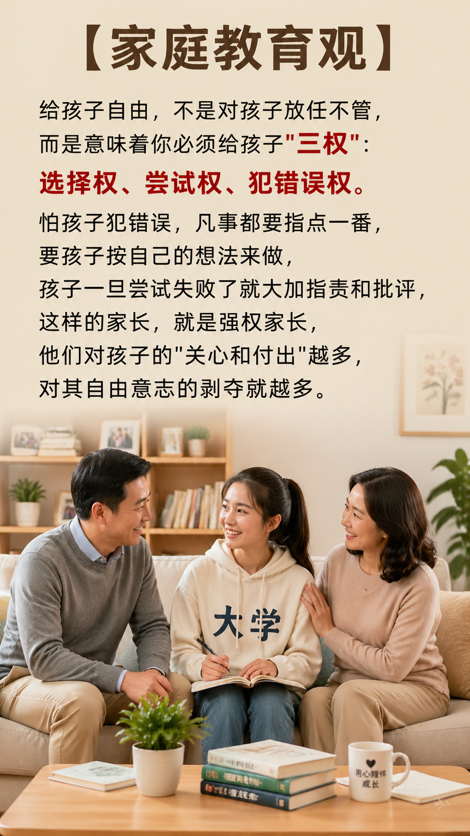 画面中有一对现代中年中国父母和一个中国大学生女孩，温馨的家庭场… - 图片创意预览