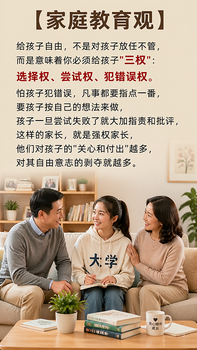 画面中有一对现代中年中国父母和一个中国大学生女孩，温馨的家庭场景，图片上清晰书写正确的中文文字：'【家庭教育观】给孩子自由，不是对孩子放任不管，而是意味着你必须给孩子"三权"：选择权、尝试权、犯错误权。怕孩子犯错误，凡事都要指点一番，要孩子按自己的想法来做，孩子一旦尝试失败了就大加指责和批评，这样的家长，就是强权家长，他们对孩子的"关心和付出"越多，对其自由意志的剥夺就越多。'