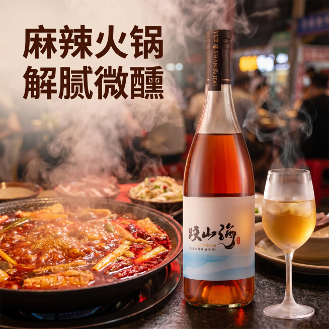 [主图 8] 跃山海黄酒麻辣火锅夜宵主图，夜宵氛围温暖烟火气；
[氛围风格] 热辣红火氛围，食欲感强；
[画质] 商业摄影质感，光线柔和通透，产品清晰真实，画面干净高级；
[元素] 牛油麻辣红锅翻滚，预览效果