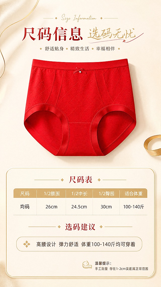 [商品] 使用【图1】本命红高腰内裤，大红色；商品处理：保留高腰版型、珍珠吊坠蝴蝶结、暗纹提花、颜色和整体结构；自然理顺褶皱，增强面料质感，不改变版型和颜色。
[画面] 页面目标：尺码信息页，清晰展示尺寸参数与选码建议。构图：竖版9:16，上方小图展示内裤正面全貌（占画面30%），下方为浅米色圆角尺码信息卡（占画面50%），含腰围、臀围、适合体重等参数表格。背景浅米色渐变，金色细线条装饰，简洁专业。
[视觉] 套系策略：风格=高级轻奢商业摄影，暖调精致有品牌感；标题字=衬线体+手写体组合，优雅有设计感；正文字=简洁无衬线体；主色=浅米色（暖米白）；背景延展=基于浅米色做深浅层级、同色渐变和细腻纸张/织物质感；强调色=金色（哑光金+浅金），仅用于小面积图标、引线、标签和装饰线条；标题色=正红色+金色点缀；正文色=深棕灰；组件=圆角浅米色信息卡、细金线引线、菱形金饰小图标；光影=左前侧暖柔光，柔和阴影，产品立体感强。
[文字] 顶部主标题"尺码信息 选码无忧"；尺码表内横排表头"尺码、1/2腰围、1/2中长、1/2臀围、适合体重"，对应数值行"均码、26cm、24.5cm、30cm、100-140斤"；底部选码建议"高腰设计 弹力舒适 体重100-140斤均可穿着"；右下角温馨提示"手工测量 存在1-2cm误差属正常范围"。全部文字横排，表格清晰，移动端可读。
[规格] 图片比例9:16竖版，4K，避免变形、错字、文字过小、冷蓝/蓝灰背景、内裤颜色改变、版型失真、低俗擦边、极限词。